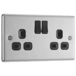 LAP  13A 2-Gang SP Switched Plug Sockets Brushed Stainless Steel  with Black Inserts 5 Pack