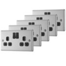 LAP  13A 2-Gang SP Switched Plug Sockets Brushed Stainless Steel  with Black Inserts 5 Pack