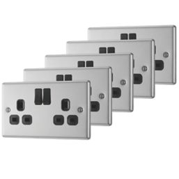 LAP  13A 2-Gang SP Switched Plug Sockets Brushed Stainless Steel  with Black Inserts 5 Pack