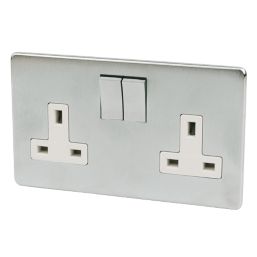 Crabtree Platinum 13A 2-Gang DP Switched Plug Socket Satin Chrome  with White Inserts