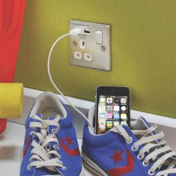 LAP  13A 1-Gang SP Switched Socket + 2.1A 10.5W 2-Outlet Type A USB Charger Brushed Stainless Steel with White Inserts