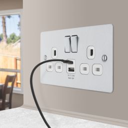 LAP  13A 2-Gang SP Switched Socket + 2.4A 12W 2-Outlet Type A & C USB Charger Brushed Steel with White Inserts