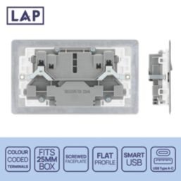 LAP  13A 2-Gang SP Switched Socket + 2.4A 12W 2-Outlet Type A & C USB Charger Brushed Steel with White Inserts