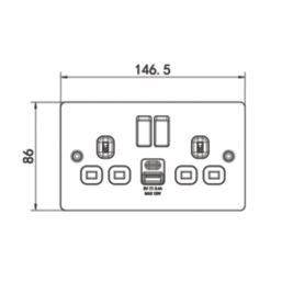 LAP  13A 2-Gang SP Switched Socket + 2.4A 12W 2-Outlet Type A & C USB Charger Brushed Steel with White Inserts