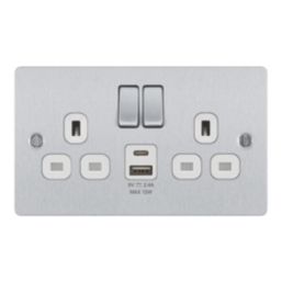 LAP  13A 2-Gang SP Switched Socket + 2.4A 12W 2-Outlet Type A & C USB Charger Brushed Steel with White Inserts