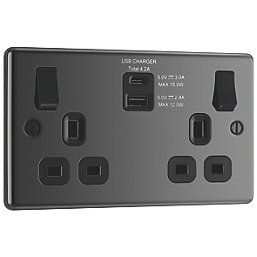 LAP  13A 2-Gang SP Switched Socket + 4.2A 15W 2-Outlet Type A & C USB Charger Black Nickel with Black Inserts