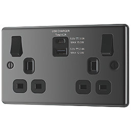 LAP  13A 2-Gang SP Switched Socket + 4.2A 15W 2-Outlet Type A & C USB Charger Black Nickel with Black Inserts