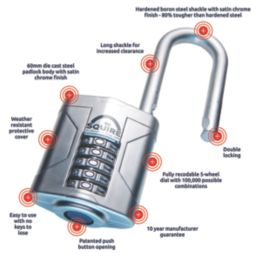 Squire Vulcan Combi 60/2.5 Water-Resistant Long Shackle Combination  Padlock Blue 60mm