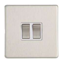 Contactum Lyric 10AX 2-Gang 2-Way Light Switch  Brushed Steel with White Inserts