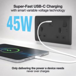 British General Nexus Metal 13A 2-Gang SP Switched Socket + 3.25A 45W 2-Outlet Type C USB Charger Matt Black with Black Inserts