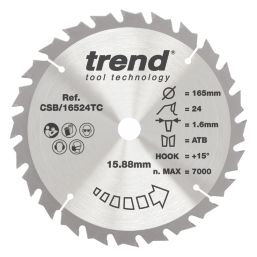 Trend CSB/16524TC Wood Thin Kerf Circular Saw Blade 165mm x 15.88mm 24T