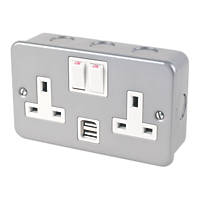 13A 2-Gang DP Switched Metal Clad Socket + 2.1A 2-Outlet Type A USB Charger with White Inserts
