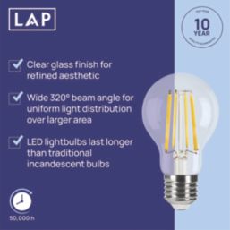 LAP  E27 A60 LED Light Bulb Clear 806lm 3.8W 2 Pack