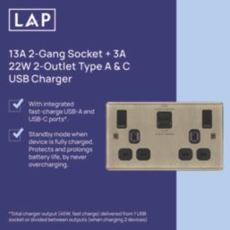 LAP  13A 2-Gang SP Switched Socket + 3A 22W 2-Outlet Type A & C USB Charger Antique Brass with Black Inserts