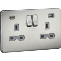 Knightsbridge  13A 2-Gang SP Switched Socket + 4.0A 20W 2-Outlet Type A & C USB Charger Brushed Chrome with Grey Inserts