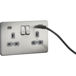Knightsbridge  13A 2-Gang SP Switched Socket + 4.0A 20W 2-Outlet Type A & C USB Charger Brushed Chrome with Grey Inserts