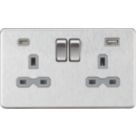 Knightsbridge  13A 2-Gang SP Switched Socket + 4.0A 20W 2-Outlet Type A & C USB Charger Brushed Chrome with Grey Inserts