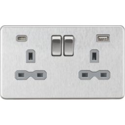Knightsbridge  13A 2-Gang SP Switched Socket + 4.0A 20W 2-Outlet Type A & C USB Charger Brushed Chrome with Grey Inserts