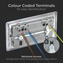 British General Nexus Metal 13A 2-Gang SP Switched Socket + 3A 45W 2-Outlet Type A & C USB Charger Polished Chrome with White Inserts