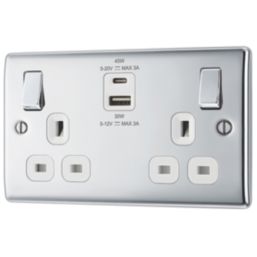 British General Nexus Metal 13A 2-Gang SP Switched Socket + 3A 45W 2-Outlet Type A & C USB Charger Polished Chrome with White Inserts