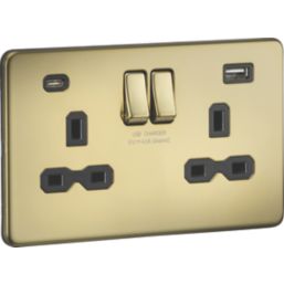 Knightsbridge  13A 2-Gang SP Switched Socket + 4.0A 20W 2-Outlet Type A & C USB Charger Polished Brass with Black Inserts
