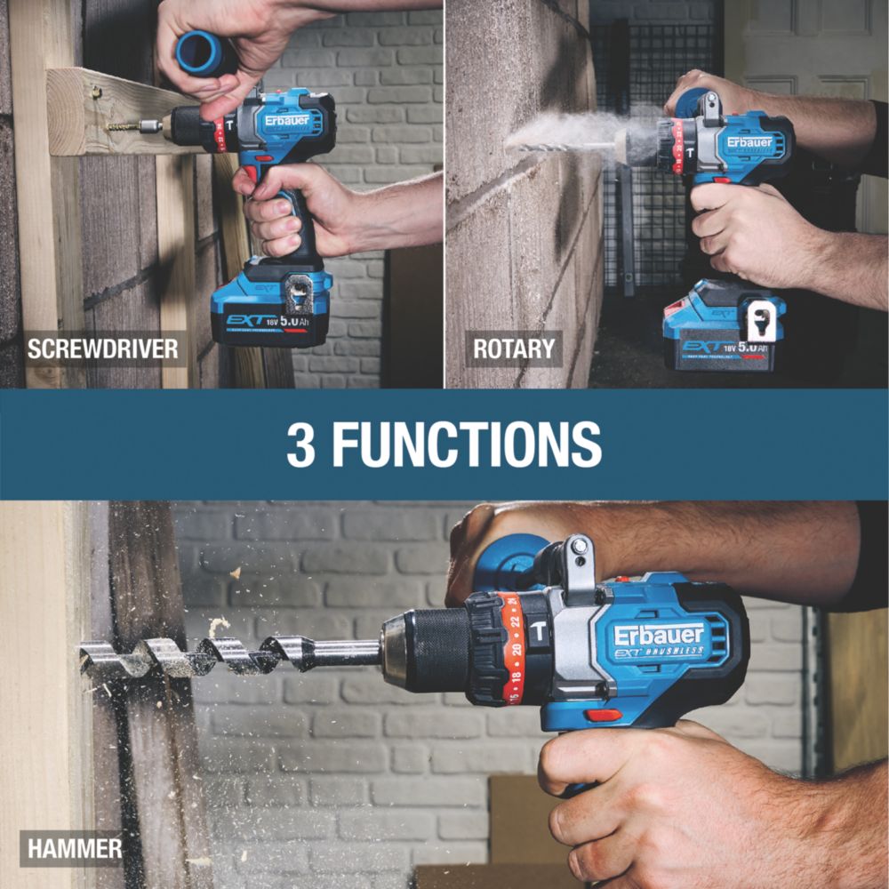 Erbauer ERI1107COM 18V Li-Ion EXT Brushless Cordless Combi Drill