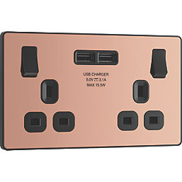 British General Evolve 13A 2-Gang SP Switched Socket + 3.1A 15.5W 2-Outlet Type A USB Charger Copper with Black Inserts