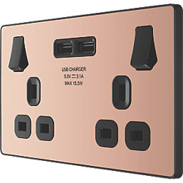 British General Evolve 13A 2-Gang SP Switched Socket + 3.1A 15.5W 2-Outlet Type A USB Charger Copper with Black Inserts