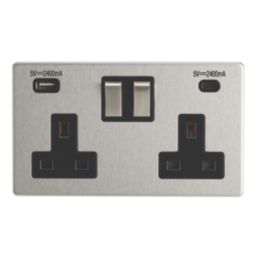 Contactum Lyric 13A 2-Gang DP Switched Socket + 4.8A 24W 2-Outlet Type A & C USB Charger Brushed Stainless Steel with Black Inserts