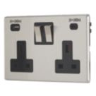 Contactum Lyric 13A 2-Gang DP Switched Socket + 4.8A 24W 2-Outlet Type A & C USB Charger Brushed Stainless Steel with Black Inserts