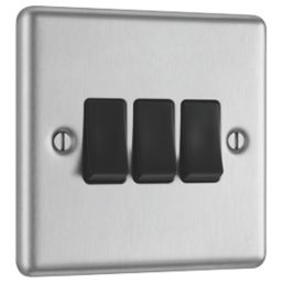 LAP  10AX 3-Gang 2-Way Light Switch  Brushed Stainless Steel with Black Inserts
