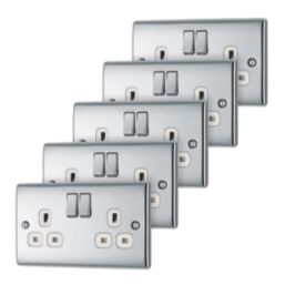 British General Nexus Metal 13A 2-Gang DP Switched Plug Sockets Polished Chrome  with White Inserts 5 Pack