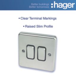 Hager Sollysta WRPS22BSB 10AX 2-Gang 2-Way Light Switch  Brushed Steel with Black Inserts