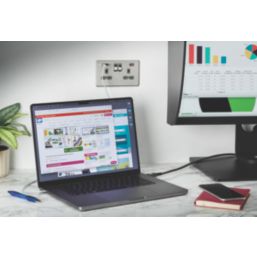 Knightsbridge  13A 2-Gang DP Switched Socket + 2.25A 45W 2-Outlet Type A & C USB Charger Brushed Chrome with Grey Inserts