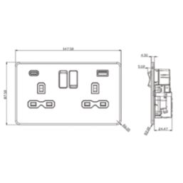 Knightsbridge  13A 2-Gang DP Switched Socket + 2.25A 45W 2-Outlet Type A & C USB Charger Brushed Chrome with Grey Inserts