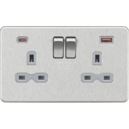 Knightsbridge  13A 2-Gang DP Switched Socket + 2.25A 45W 2-Outlet Type A & C USB Charger Brushed Chrome with Grey Inserts