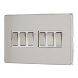 Contactum Lyric 10AX 6-Gang 2-Way Light Switch  Brushed Steel with White Inserts