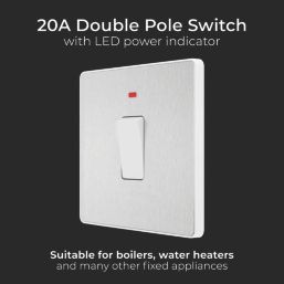 British General Evolve 20A 1-Gang DP Control Switch Brushed Steel with LED with White Inserts