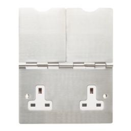 Contactum 3377BSW 13A 2-Gang Unswitched Floor Socket Brushed Steel with White Inserts