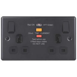 British General  Black 13A 2-Gang SP Switched Metal Clad Type A RCD Socket On/Off Indicator with Colour-Matched Inserts