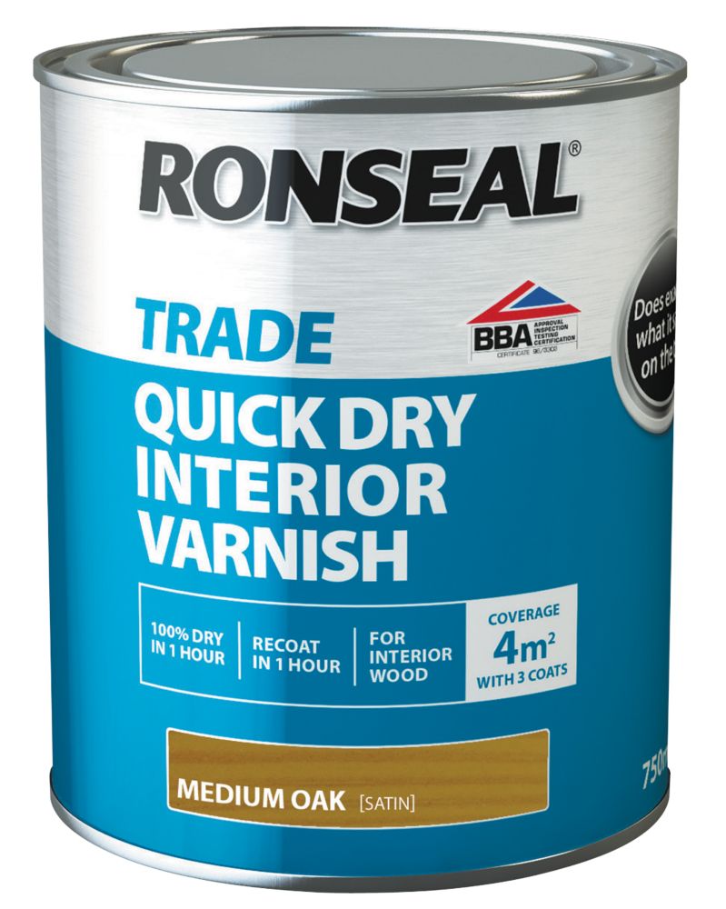 Ronseal 750ml Medium Oak Satin WaterBased Interior Wood Varnish Screwfix