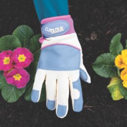 ClipGlove Leather Palm  Womens Goatskin Leather Gardening Gloves Blue / Cream Small