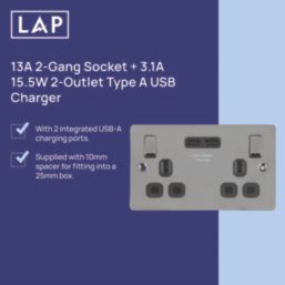 LAP  13A 2-Gang SP Switched Socket + 3.1A 15.5W 2-Outlet Type A USB Charger Black Nickel with Black Inserts