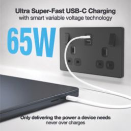 British General Evolve 13A 2-Gang SP Switched Socket + 3.25A 65W 2-Outlet Type C USB Charger Matt Black with Black Inserts