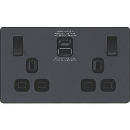 British General Evolve 13A 2-Gang SP Switched Socket + 3A 30W 2-Outlet Type A & C USB Charger Grey with Black Inserts