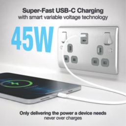 British General Nexus Metal 13A 2-Gang SP Switched Socket + 3.25A 45W 2-Outlet Type C USB Charger Brushed Steel with Grey Inserts