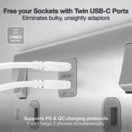 British General Nexus Metal 13A 2-Gang SP Switched Socket + 3.25A 45W 2-Outlet Type C USB Charger Brushed Steel with Grey Inserts