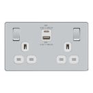 LAP  13A 2-Gang SP Switched Socket + 3A 45W 2-Outlet Type A & C USB Charger Polished Chrome with White Inserts