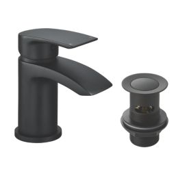 Highlife Bathrooms Coll Matt Black 123mm Cloakroom Lever Mono Basin Mixer Tap  With Clicker Waste