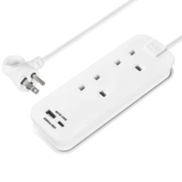 Masterplug 13A 2-Gang Unswitched  Travel Extension Lead (UK to USA) + 3.4A 2-Outlet Type A & C USB Charger White 0.45m